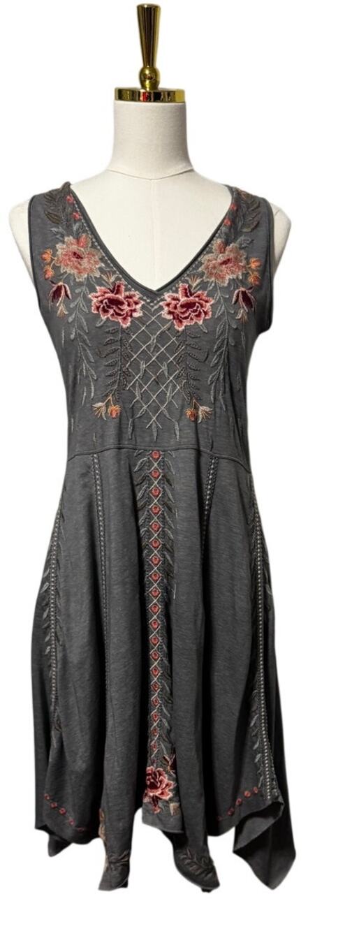 Johnny Was Katrina Swing Dress, Grey Floral Embroidered Handkerchief Hem (S)